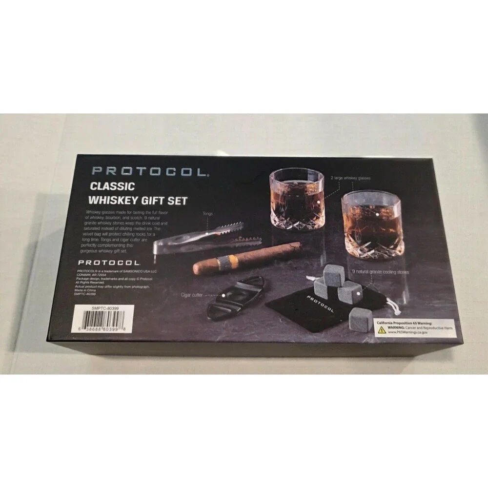 Whiskey Gift Set 2 Glasses, Stones, Tongs and Cigar Cutter - NEW